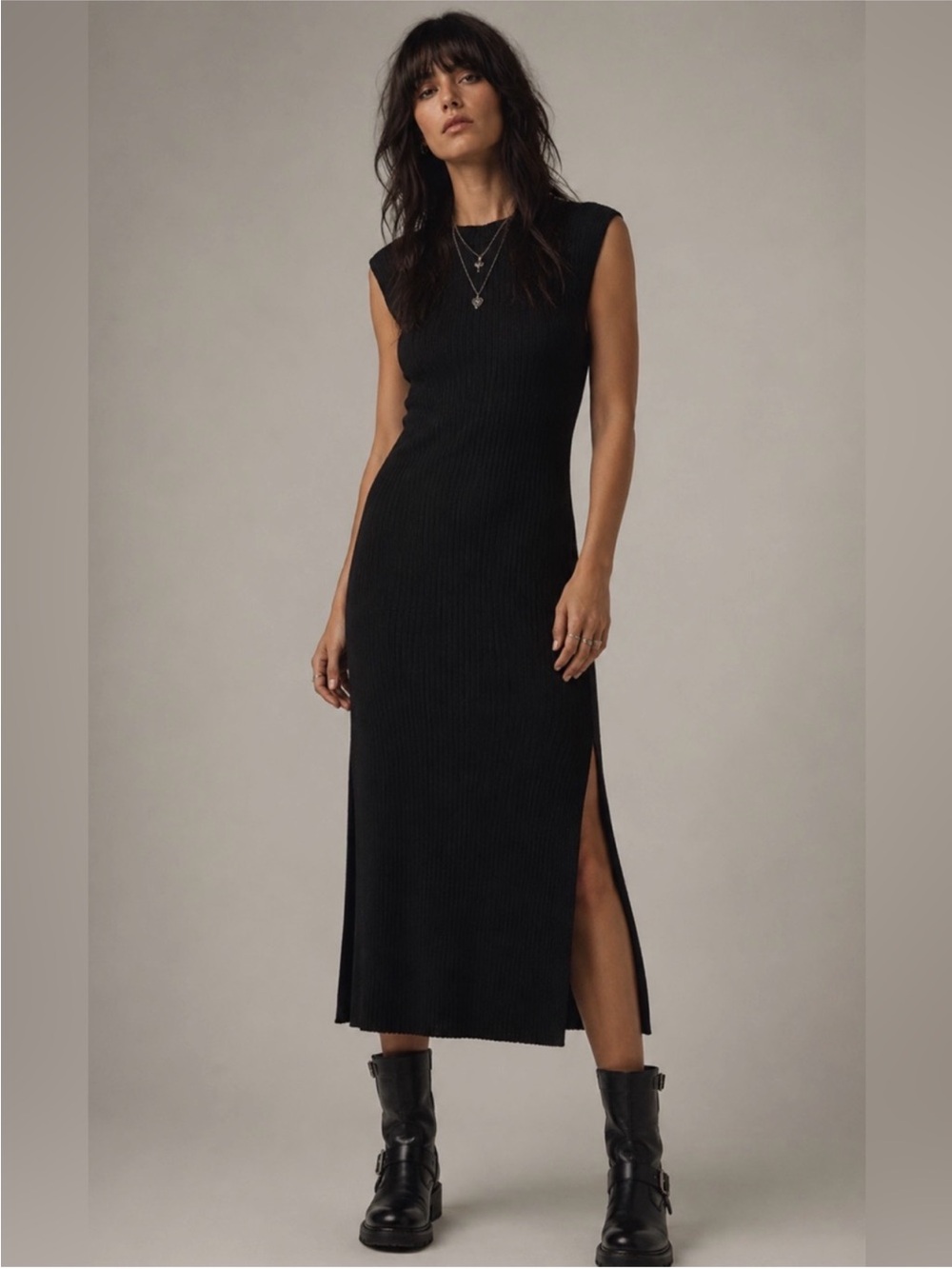 Frame Sleeveless Ribbed Knit Midi Dress Black Size Medium